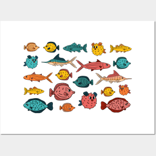 Set of outline different cartoon underwater fish, tang, flounder, tuna, ocean burrfish, sea marlin. Doodle isolated animals Posters and Art